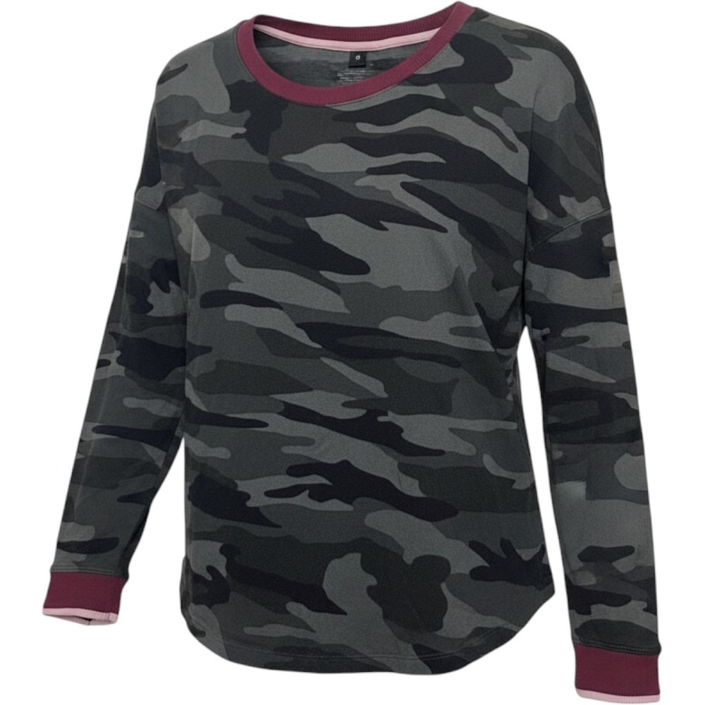 Kensie Women Camo Long Sleeve Top Grey Black Burgundy Trim Size L